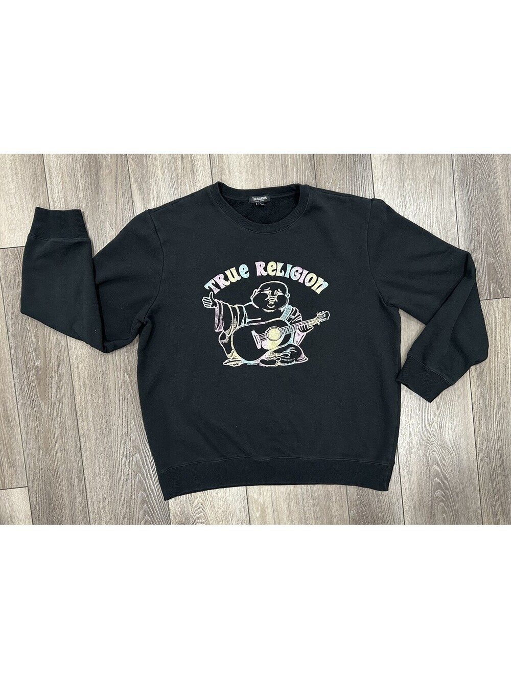 True Religion Large Tie Buddha Black Crewneck Rainbow Sweatshirt